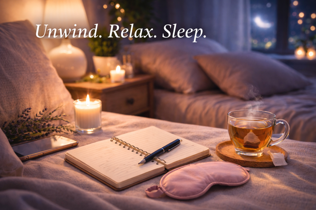Cozy night routine setup with candle, journal and tea for better skin and sleep