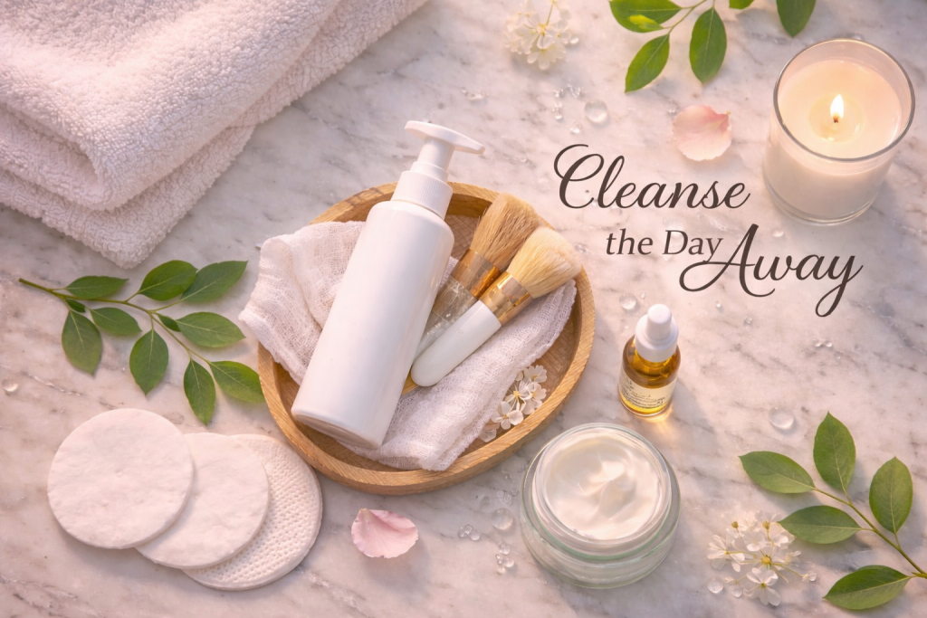 Flat lay of gentle cleanser, towel and skincare products for oily skin morning routine